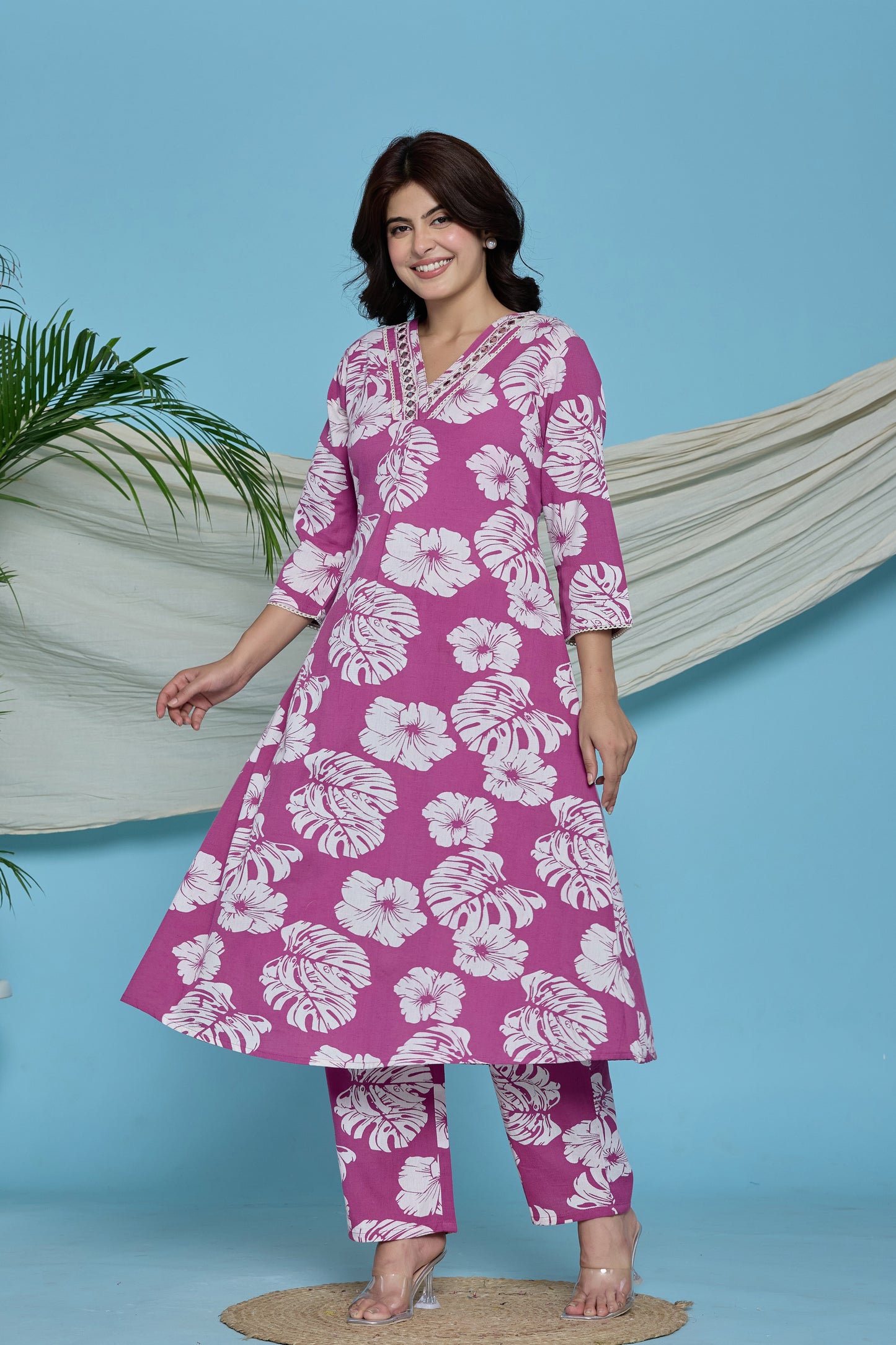 Magenta pink Tropical floral A-Line Emboridery on Neck Co-ord set