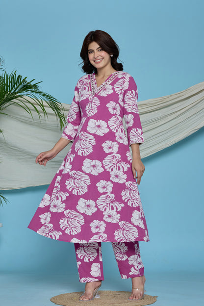 Magenta pink Tropical floral A-Line Emboridery on Neck Co-ord set