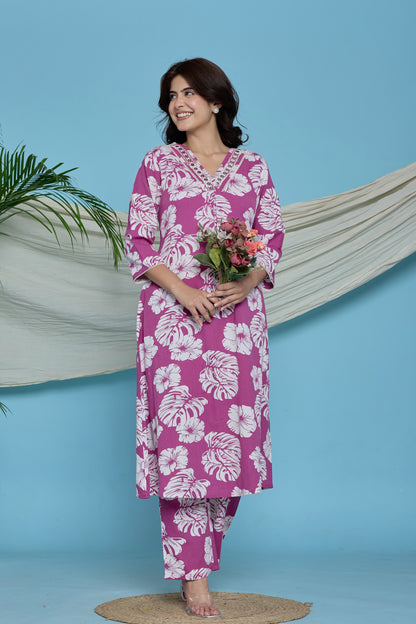 Magenta pink Tropical floral A-Line Emboridery on Neck Co-ord set