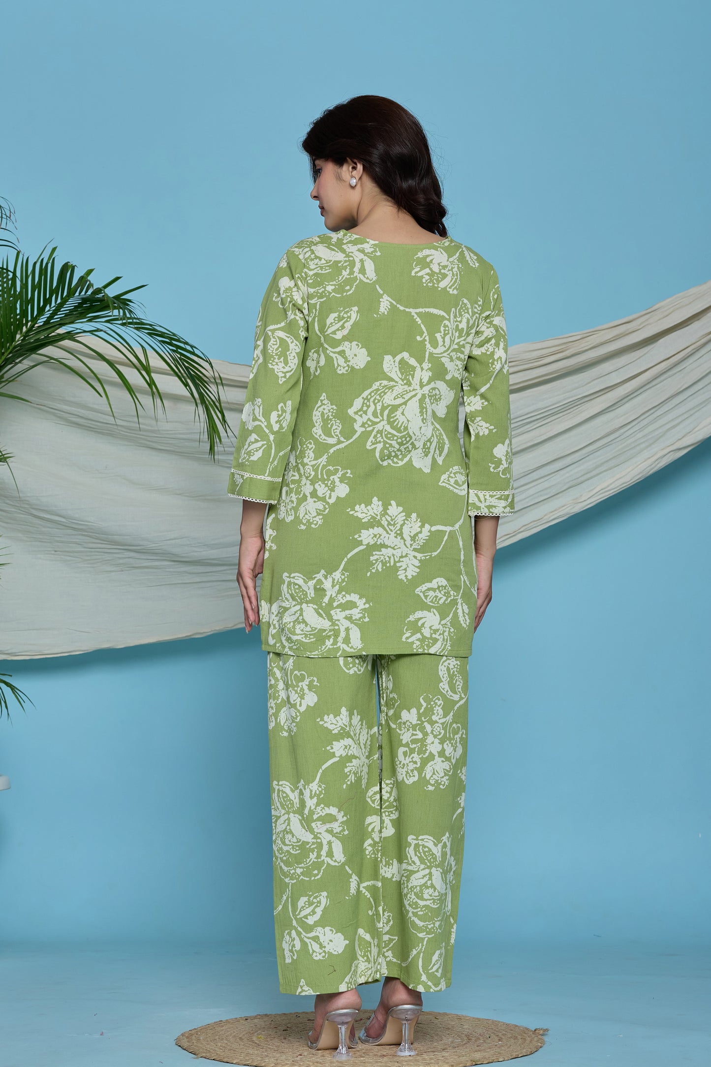 Green Floral Cotton Flax Co-ord set