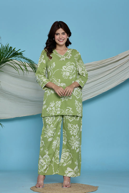 Green Floral Cotton Flax Co-ord set