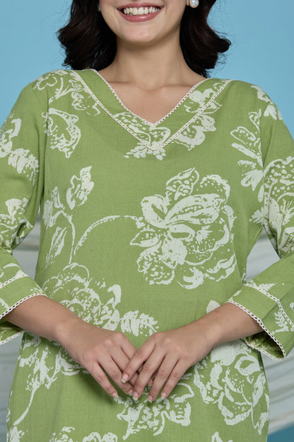 Green Floral Cotton Flax Co-ord set