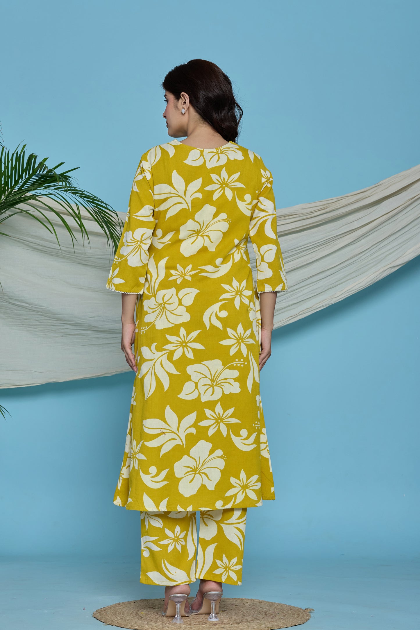 Yellow floral A-Line Emboridery on Neck Co-ord set