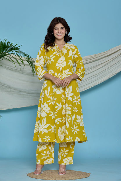 Yellow floral A-Line Emboridery on Neck Co-ord set
