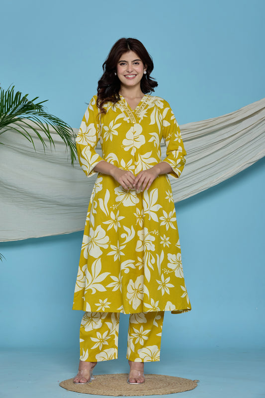 Yellow floral A-Line Emboridery on Neck Co-ord set