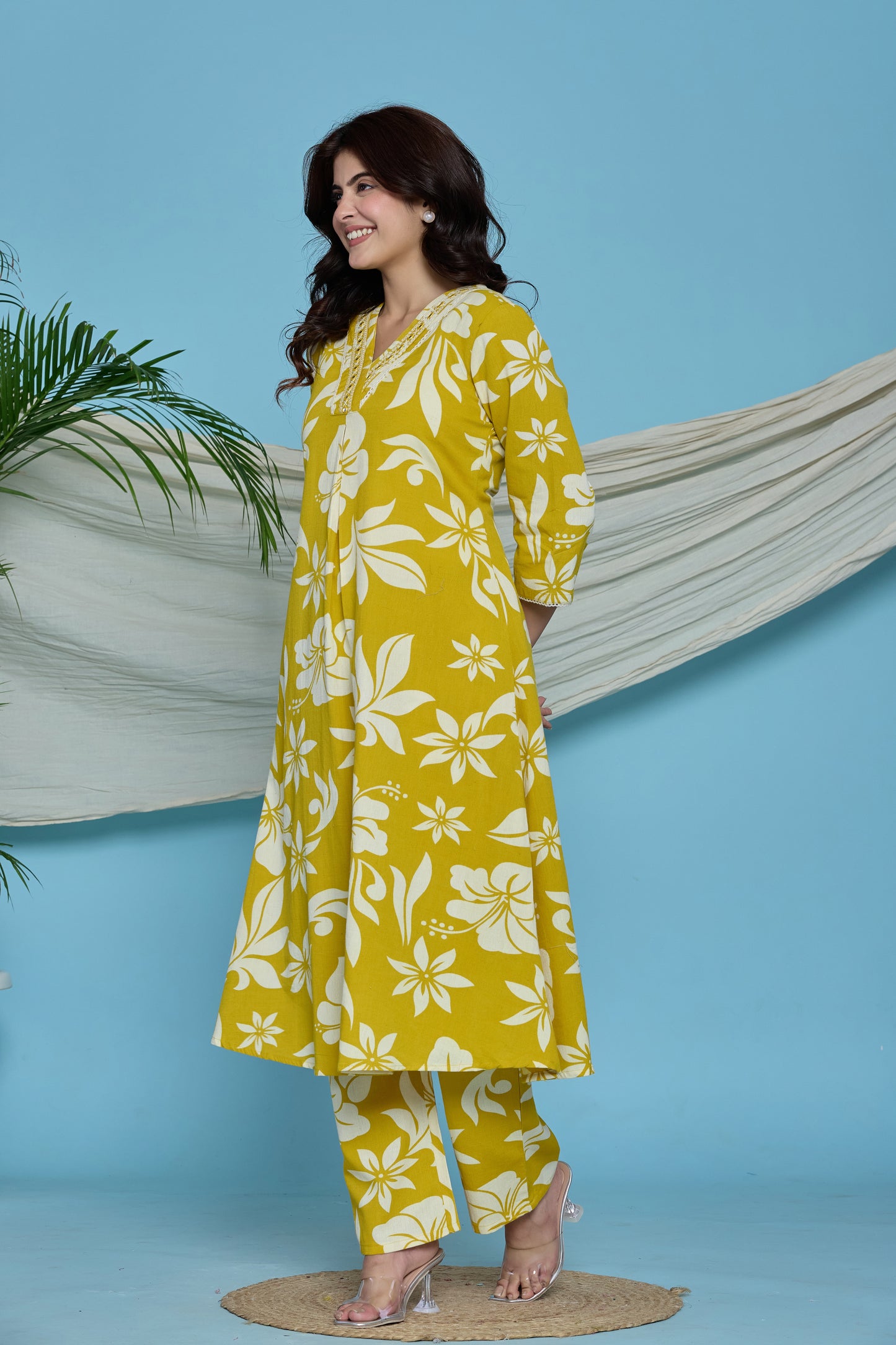 Yellow floral A-Line Emboridery on Neck Co-ord set