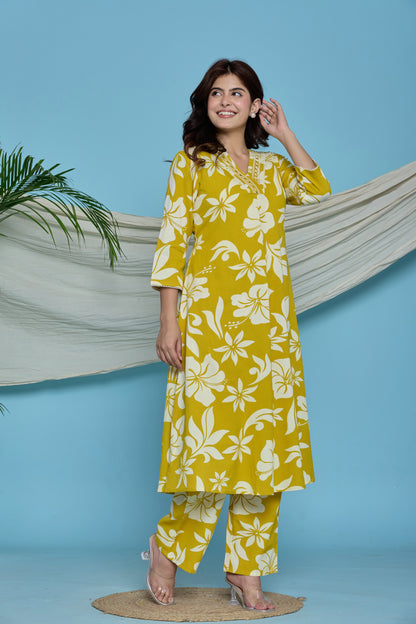 Yellow floral A-Line Emboridery on Neck Co-ord set