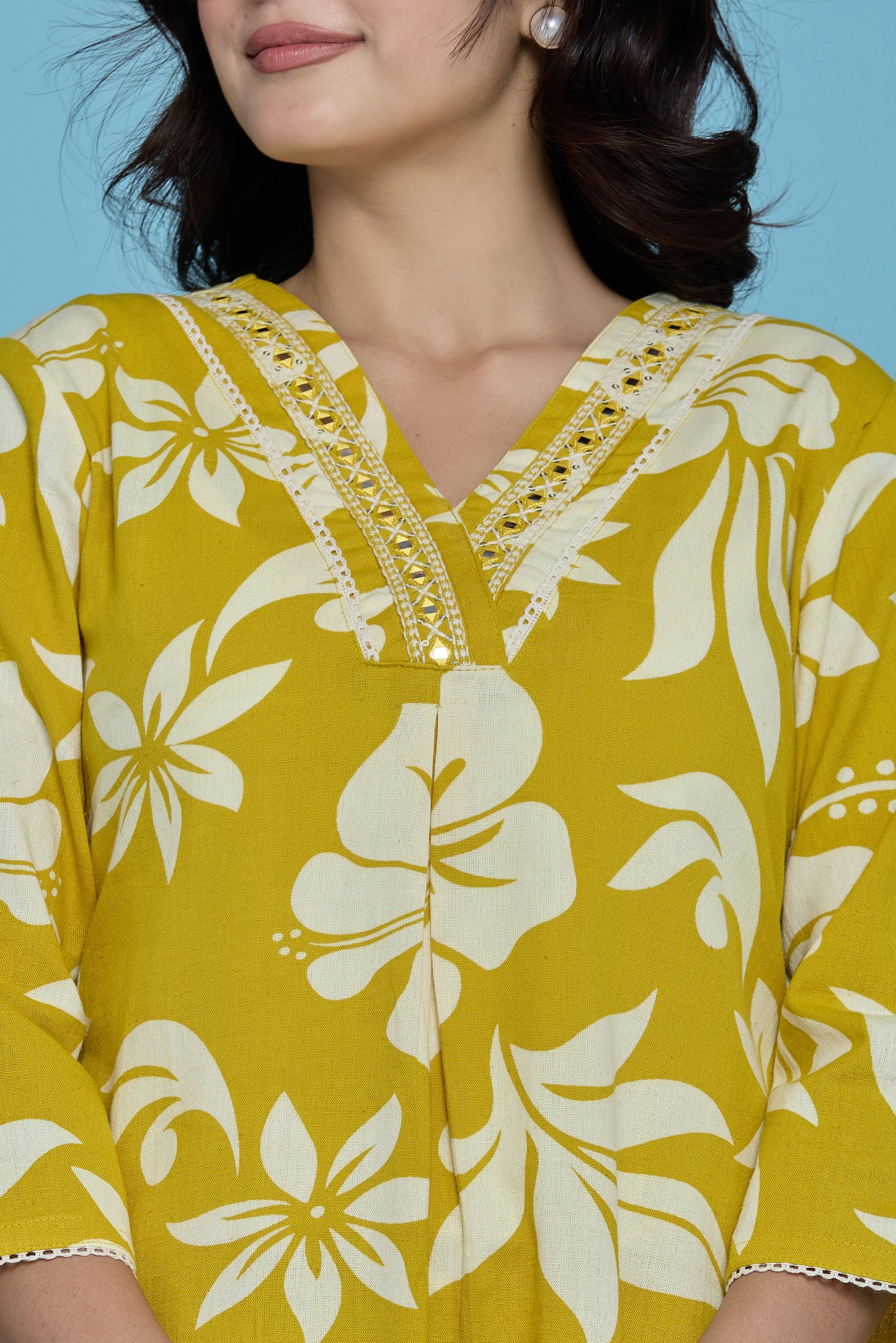 Yellow floral A-Line Emboridery on Neck Co-ord set