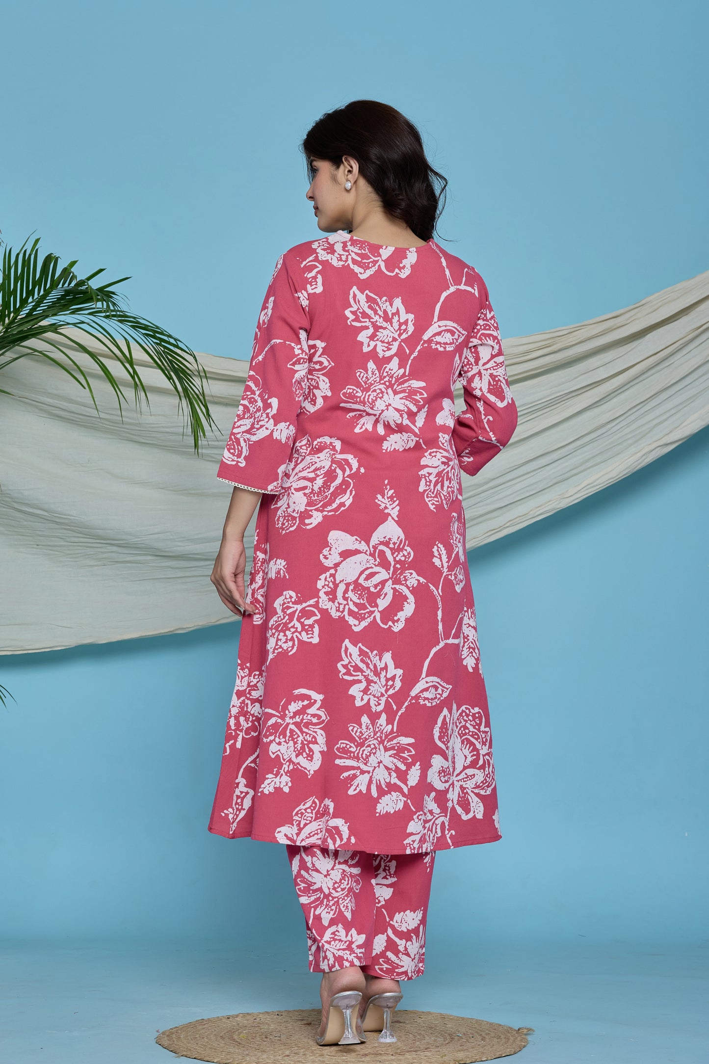 Pink floral A-Line Emboridery on Neck Co-ord set