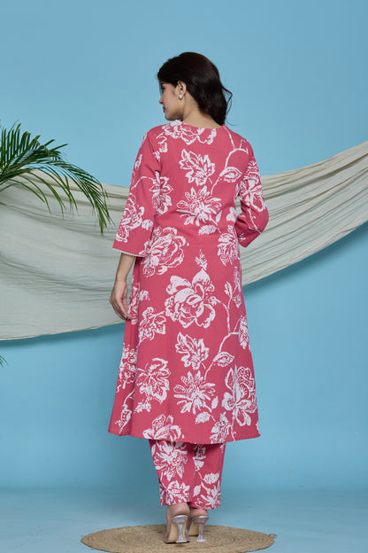 Pink floral A-Line Emboridery on Neck Co-ord set