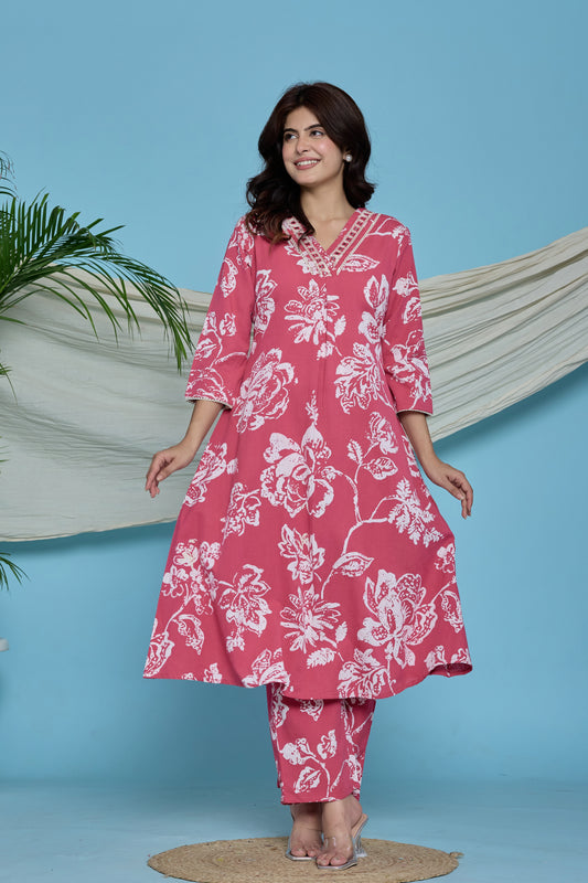 Pink floral A-Line Emboridery on Neck Co-ord set