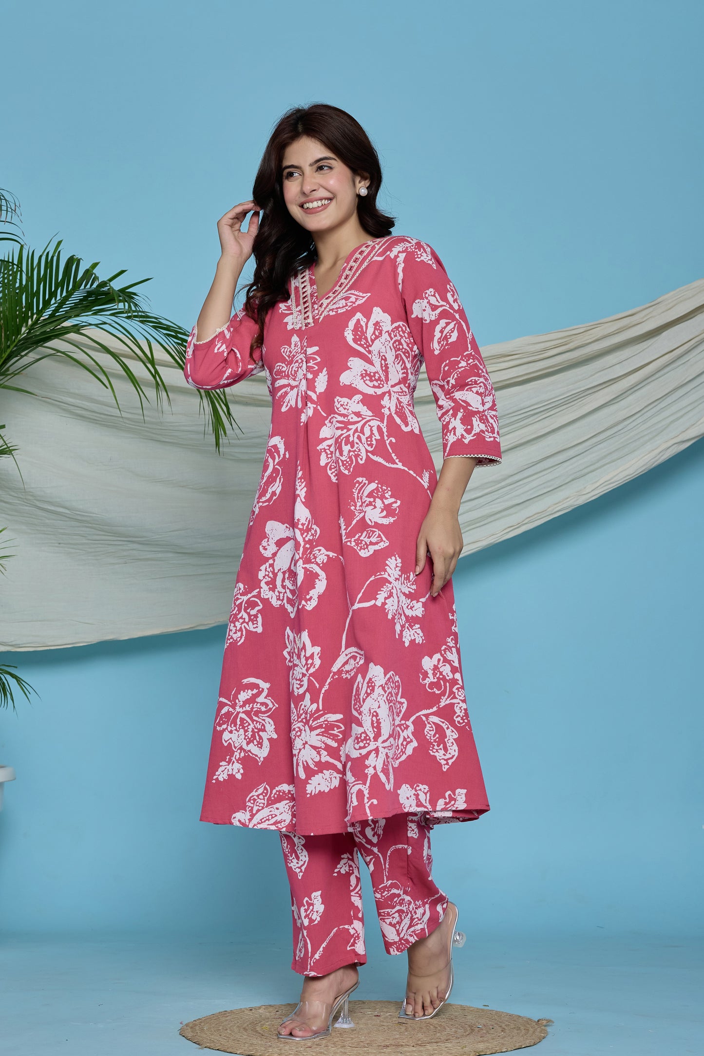 Pink floral A-Line Emboridery on Neck Co-ord set