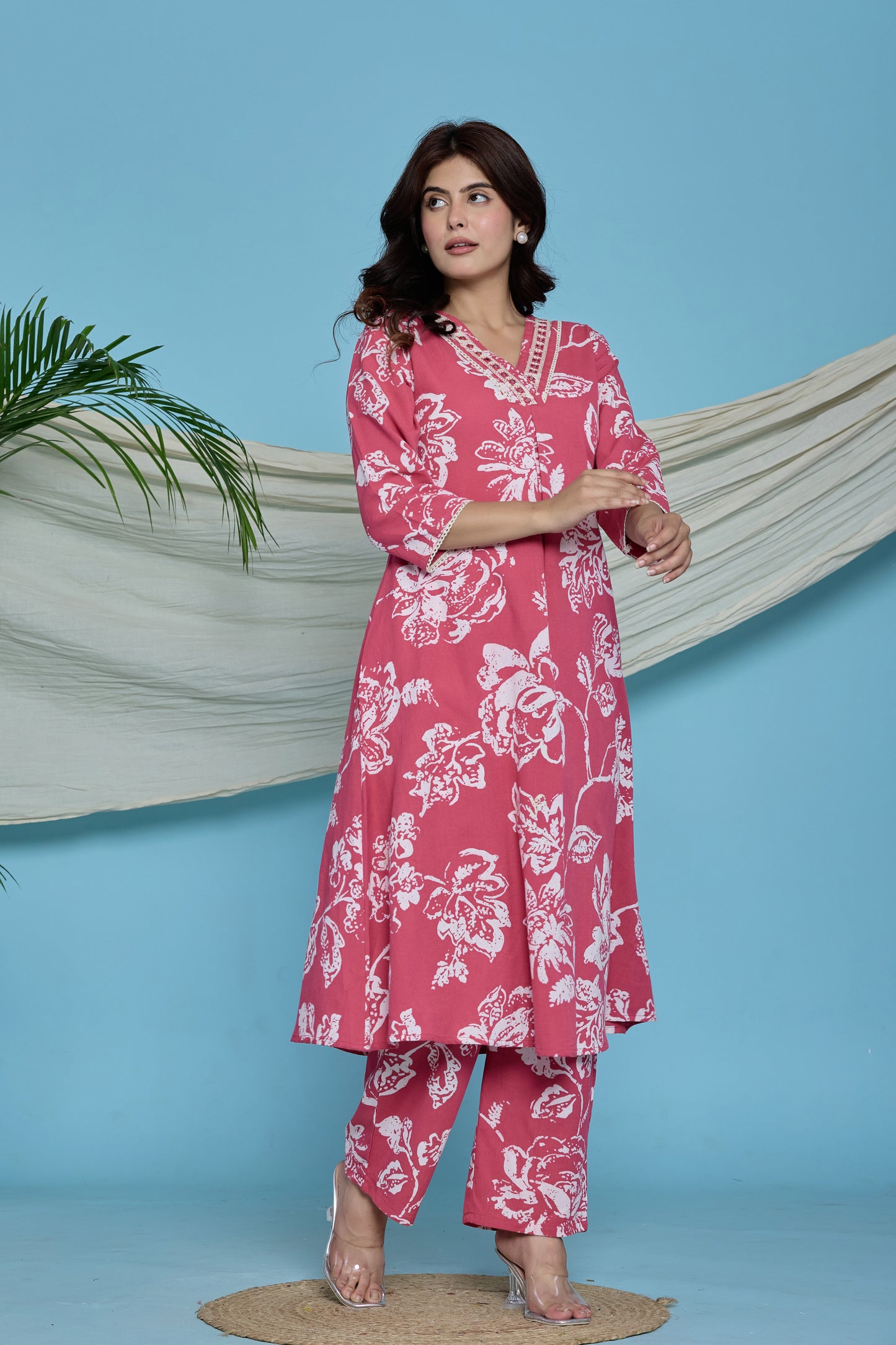 Pink floral A-Line Emboridery on Neck Co-ord set