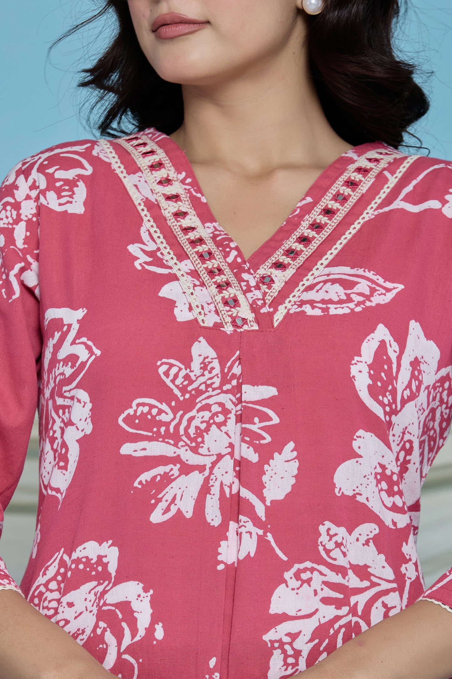 Pink floral A-Line Emboridery on Neck Co-ord set