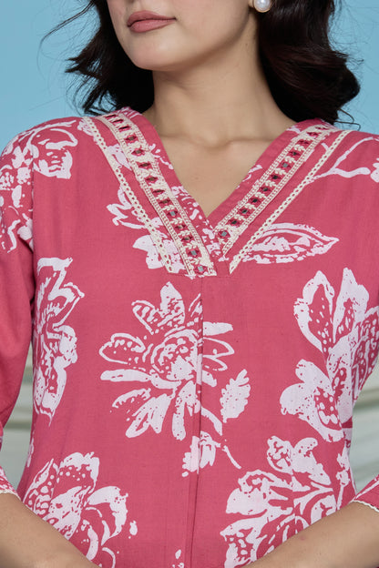 Pink floral A-Line Emboridery on Neck Co-ord set