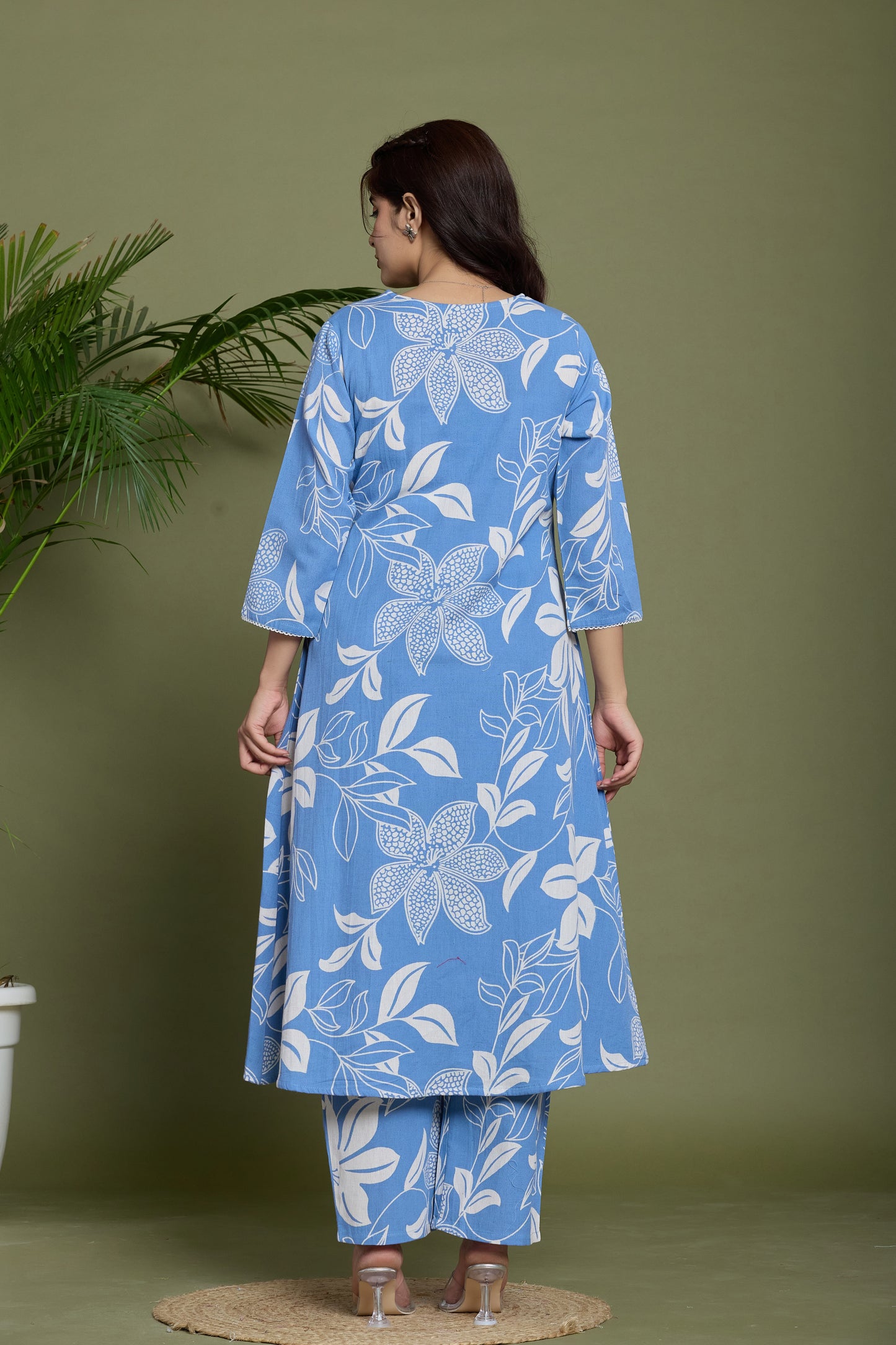 Blue floral A-Line Emboridery on Neck Co-ord set