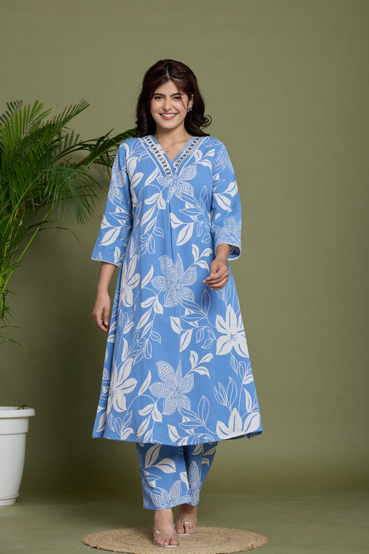 Blue floral A-Line Emboridery on Neck Co-ord set