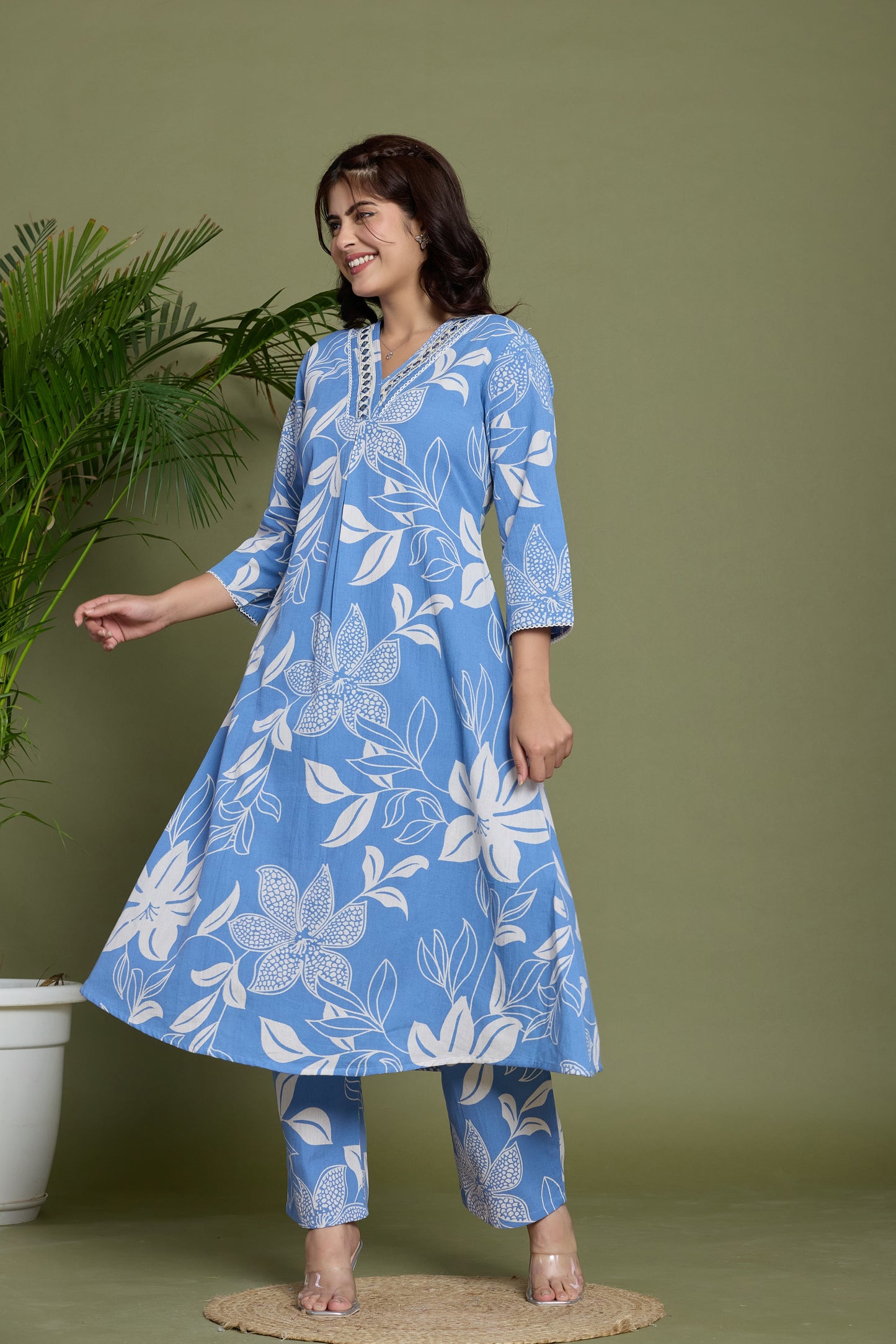 Blue floral A-Line Emboridery on Neck Co-ord set