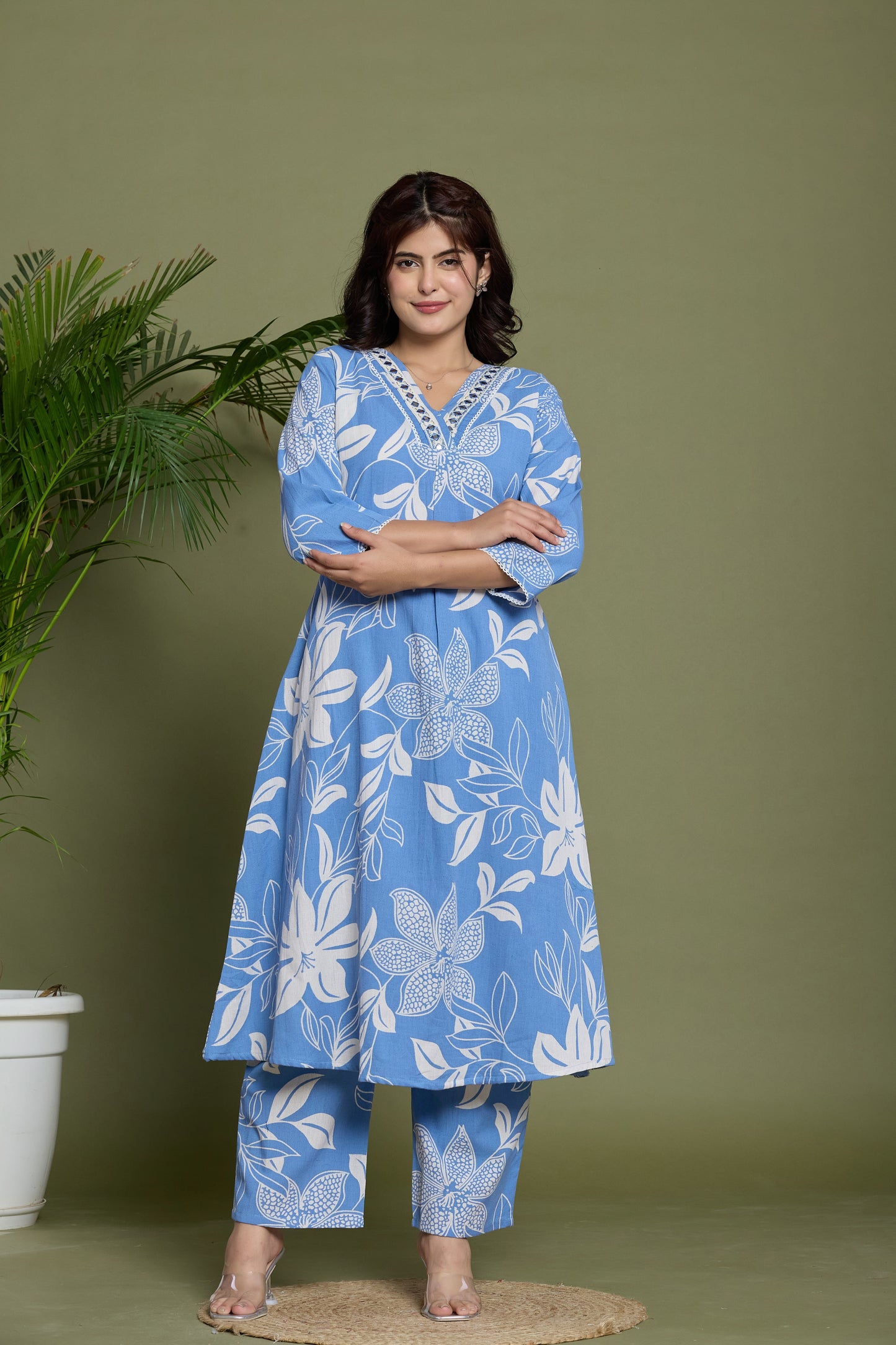 Blue floral A-Line Emboridery on Neck Co-ord set