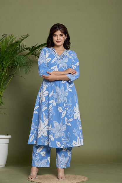 Blue floral A-Line Emboridery on Neck Co-ord set