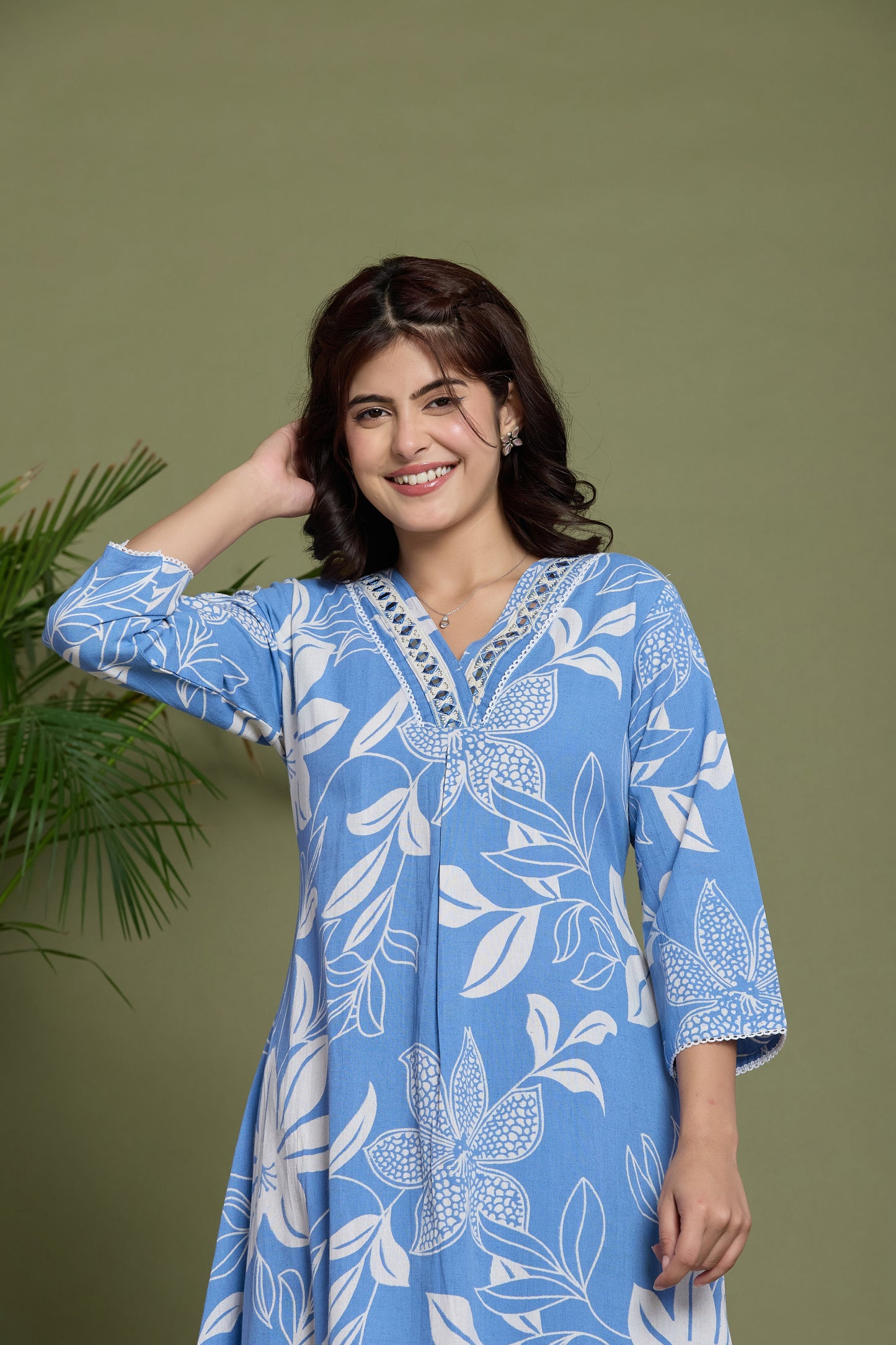Blue floral A-Line Emboridery on Neck Co-ord set