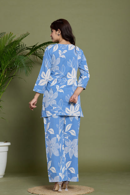 Blue Floral cotton flax co-ord set