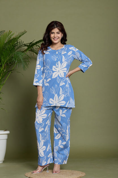 Blue Floral cotton flax co-ord set