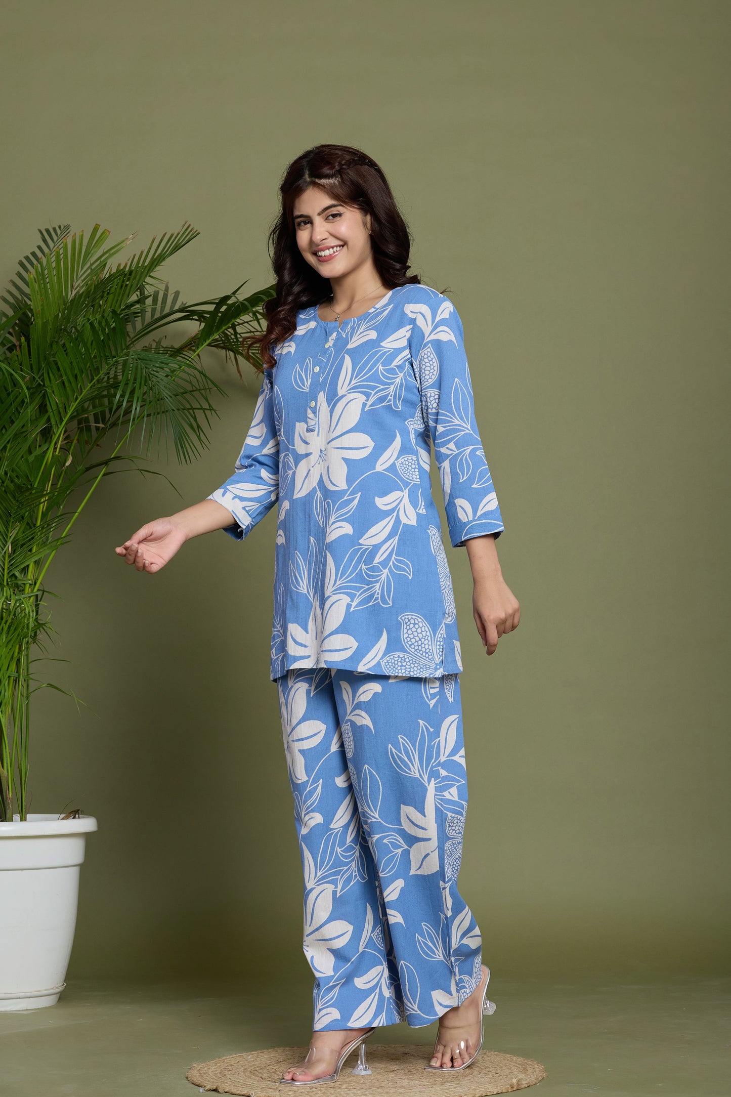 Blue Floral cotton flax co-ord set