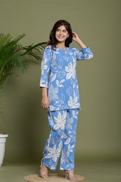 Blue Floral cotton flax co-ord set