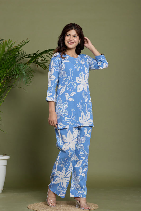 Blue Floral cotton flax co-ord set