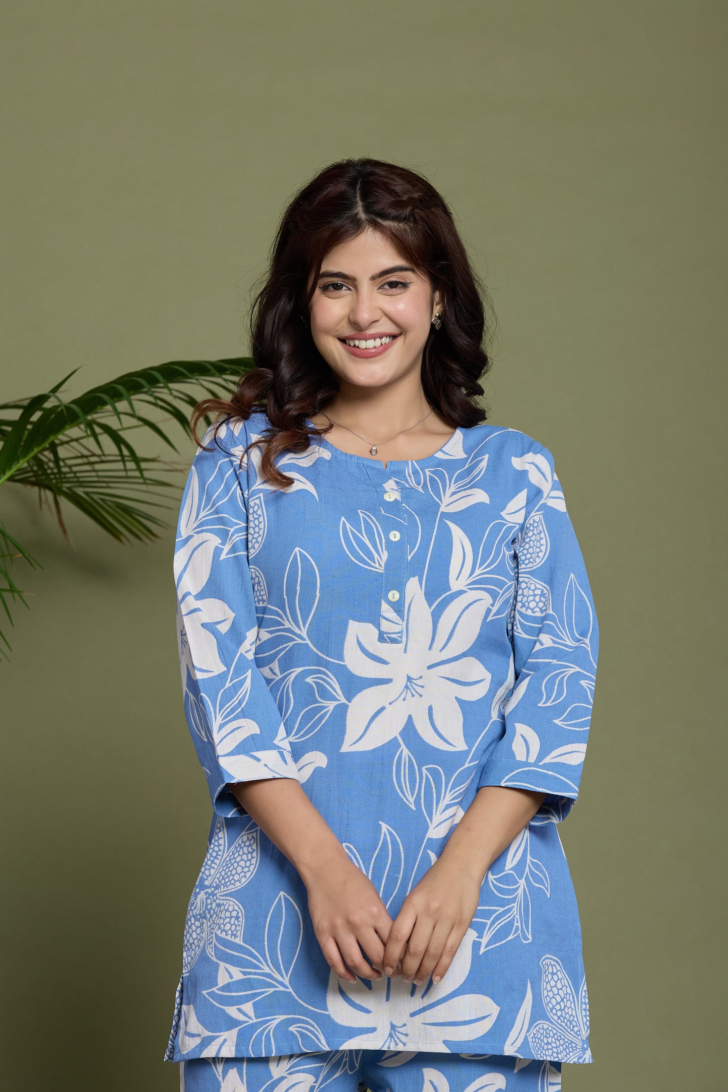 Blue Floral cotton flax co-ord set