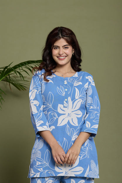 Blue Floral cotton flax co-ord set