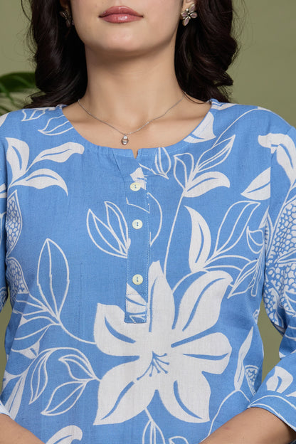 Blue Floral cotton flax co-ord set
