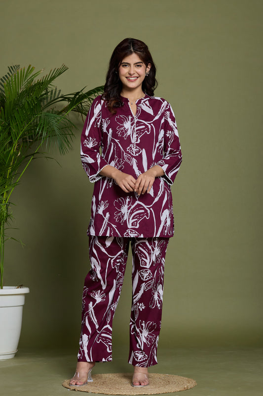 Vibrant Burgundy & White Cotto Co-ord Set