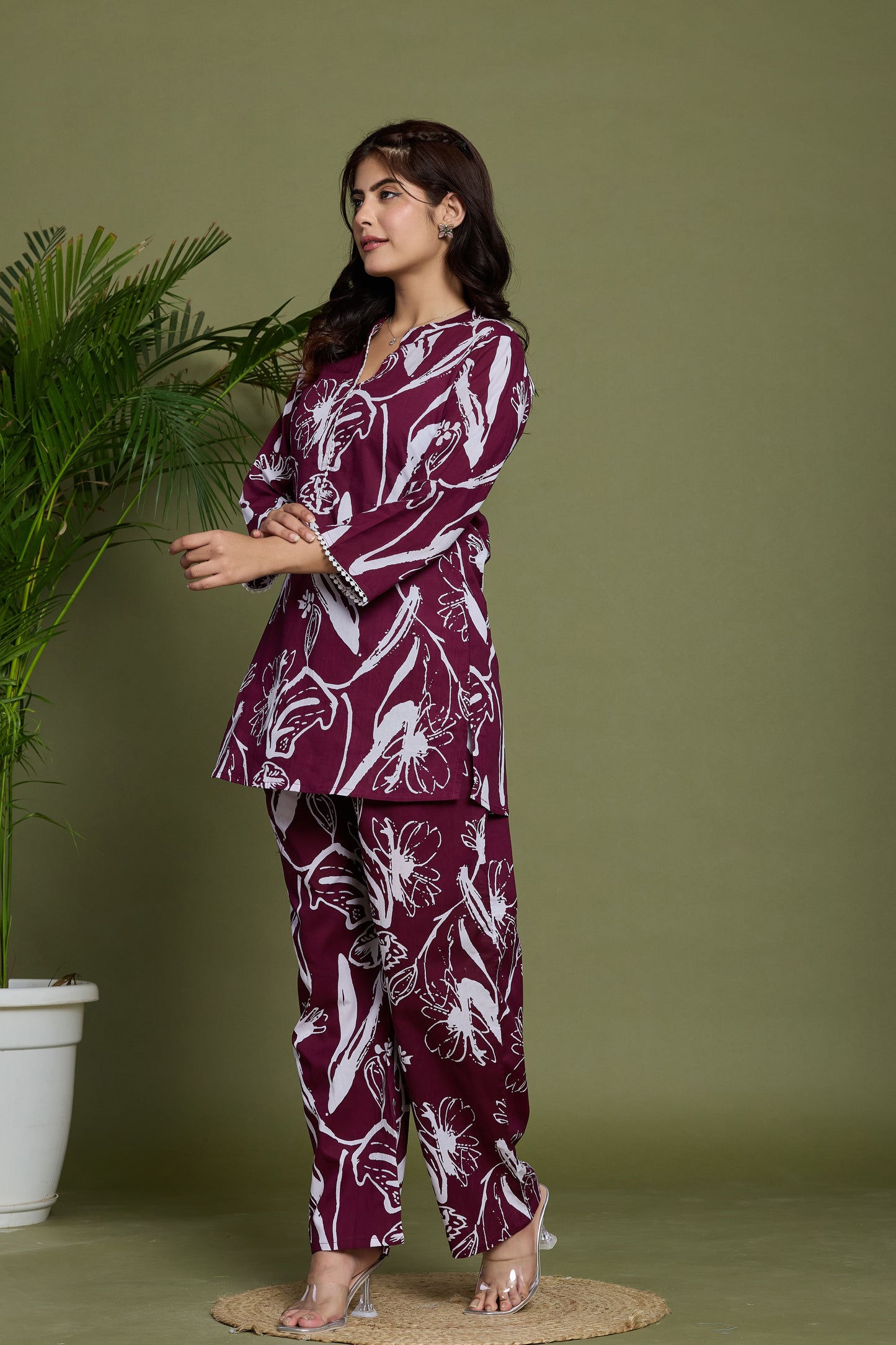 Vibrant Burgundy & White Cotto Co-ord Set