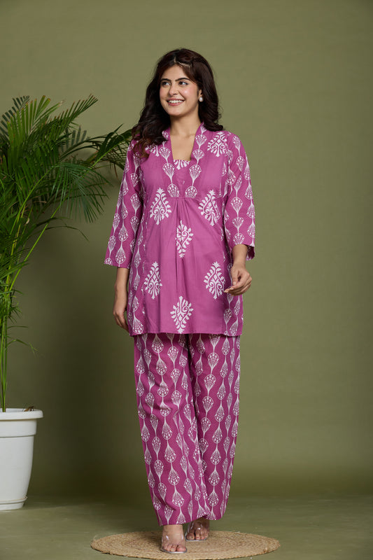 Printed Cotton Co-ord Set with Traditional White Motifs