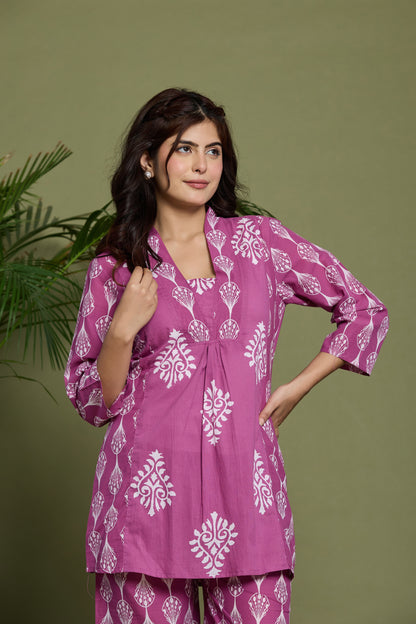 Printed Cotton Co-ord Set with Traditional White Motifs