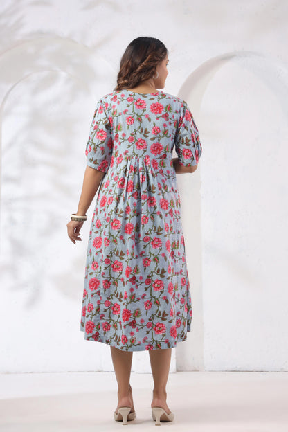 GulBloom Azure Blossom Printed Cotton Midi Dress
