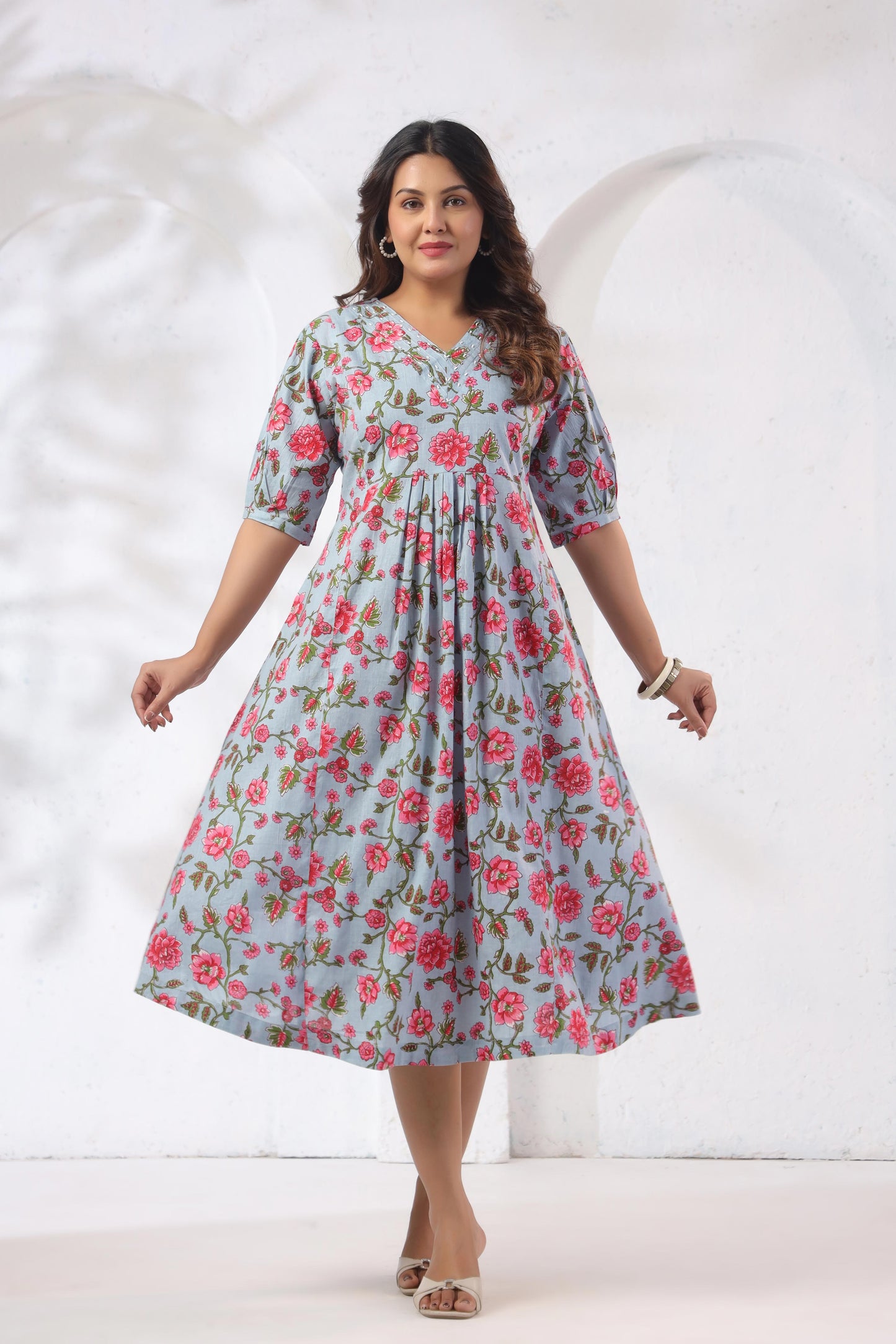 GulBloom Azure Blossom Printed Cotton Midi Dress