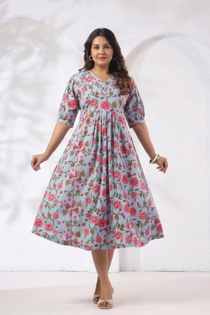 GulBloom Azure Blossom Printed Cotton Midi Dress