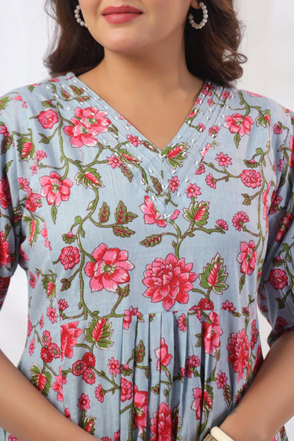 GulBloom Azure Blossom Printed Cotton Midi Dress