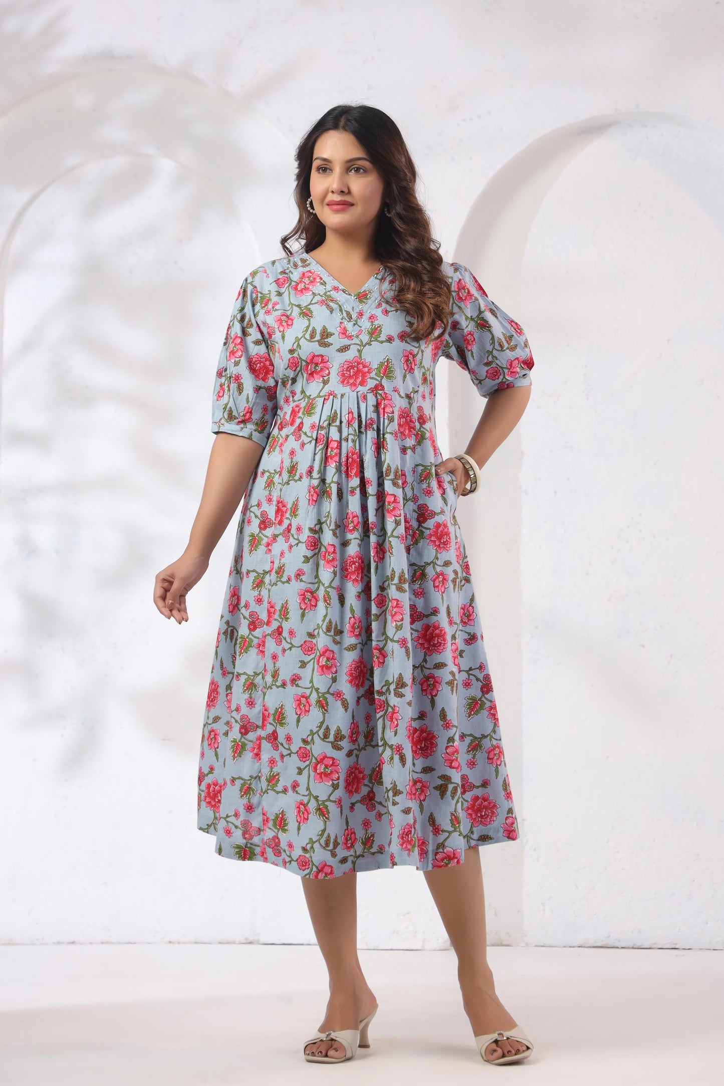 GulBloom Azure Blossom Printed Cotton Midi Dress