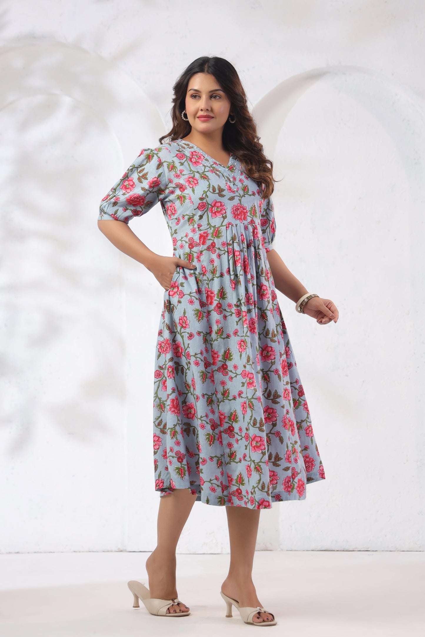 GulBloom Azure Blossom Printed Cotton Midi Dress