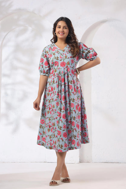 GulBloom Azure Blossom Printed Cotton Midi Dress