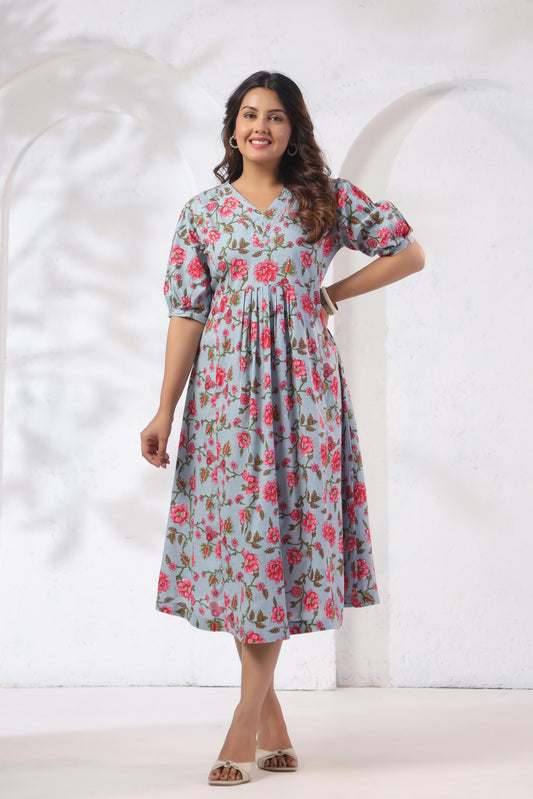 GulBloom Azure Blossom Printed Cotton Midi Dress