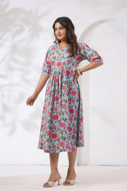 GulBloom Azure Blossom Printed Cotton Midi Dress