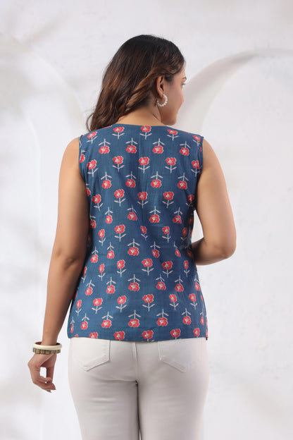 Back view of GulBloom Indigo Petal Cotton Sleeveless V-neck Top in indigo blue – Karpaa women's ethnic wear