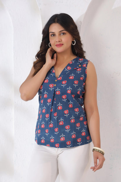 GulBloom GulBloom Indigo Petal Printed Cotton Sleeveless Top in indigo blue with botanical petal print – front view