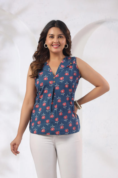 GulBloom Indigo Petal Printed Cotton Sleeveless Top in indigo blue with botanical petal print – front view, Karpaa