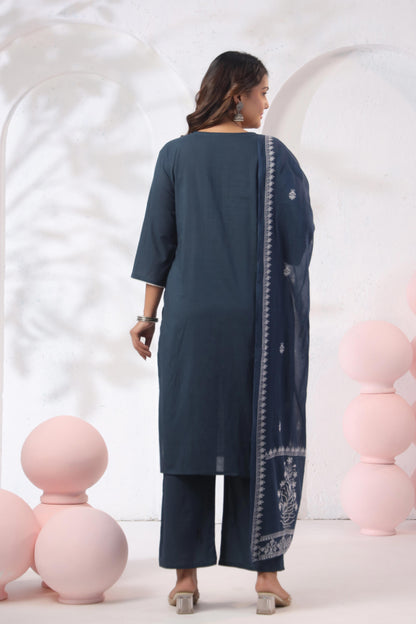 GulBloom Midnight Indigo Printed Cotton Kurta Set